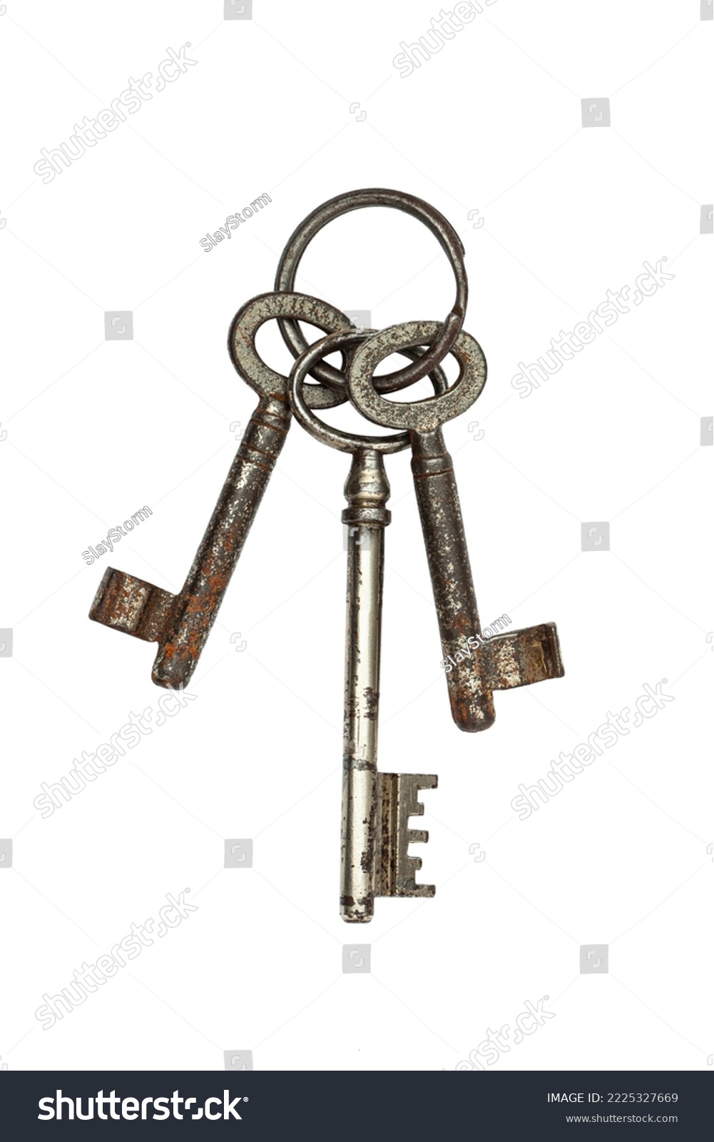 Bunch of old vintage keys isolated on white background. Safety and security concept. #2225327669