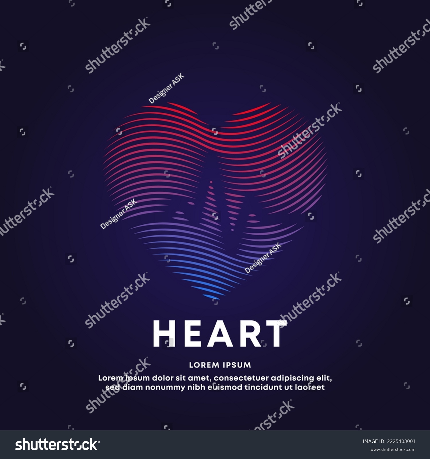 Human medical heart shape with cardio pulse flat line art structure. creative Vector logo heart care color silhouette on a dark background. EPS 10 #2225403001