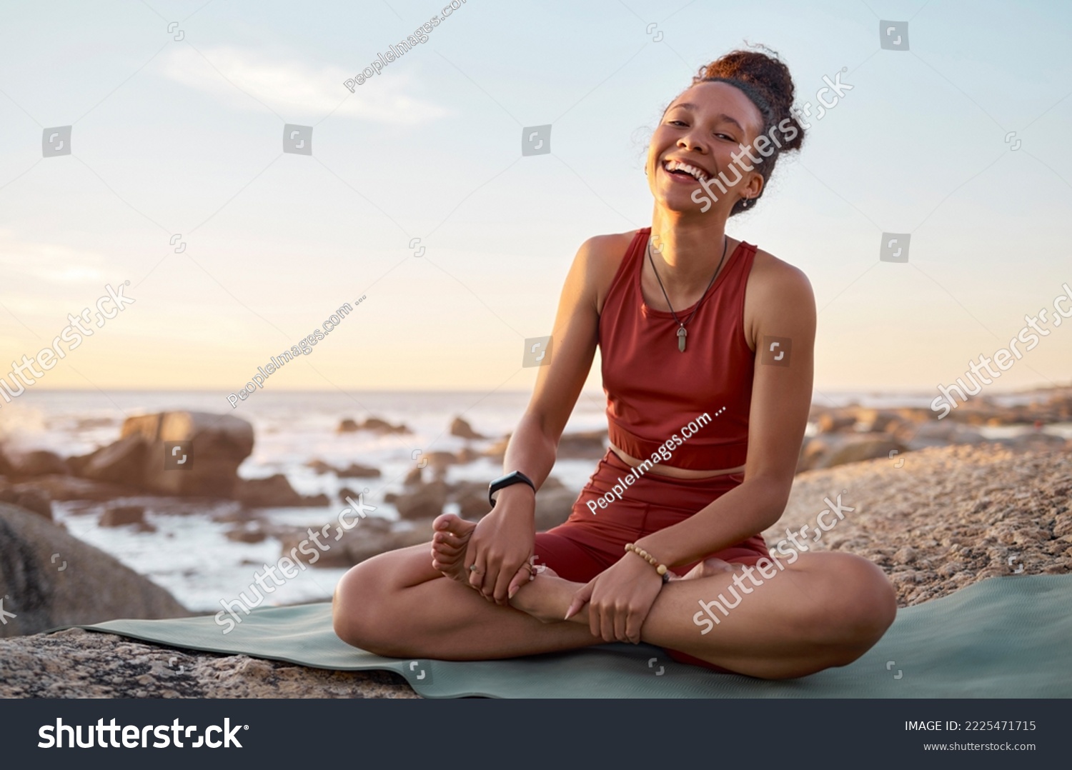 Yoga mat, black woman and outdoor at beach, meditation and wellness to relax or peace. Portrait, African American female, lady or calm for exercise, pilates or fitness with smile, seaside or laughing #2225471715