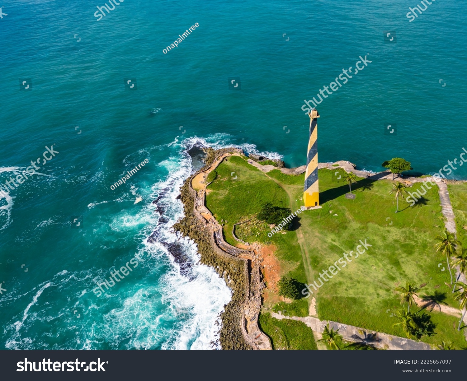 Aerial view of lighthouse Faro San Souci at Punta Torrecilla. Entrance to the port of Santo Domingo at Ozama river. Dominican Republic #2225657097