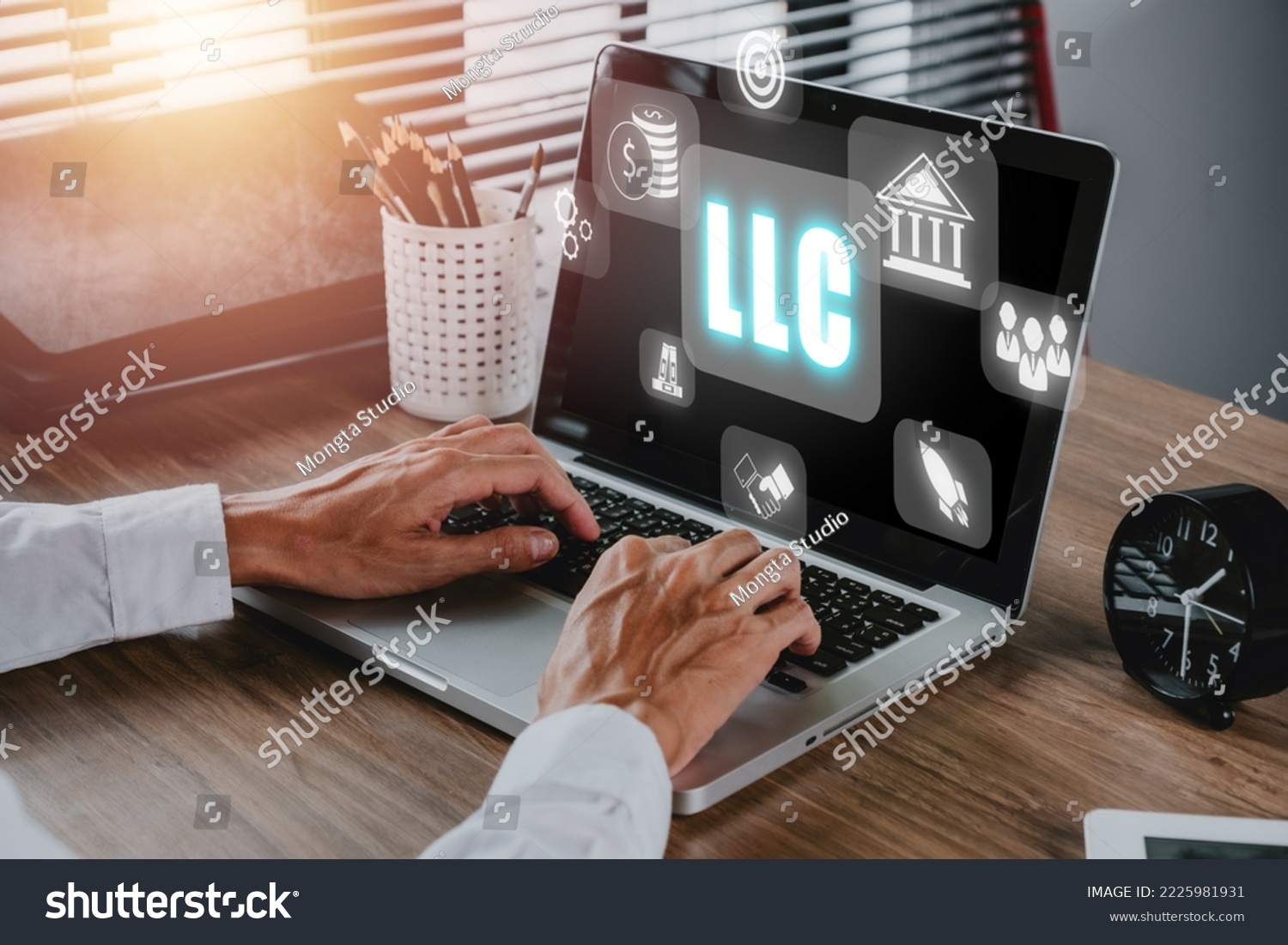 Limited Liability Company (LLC) Business Concept, Person hand using computer and hand touching limited liability company icon on Vr screen. #2225981931