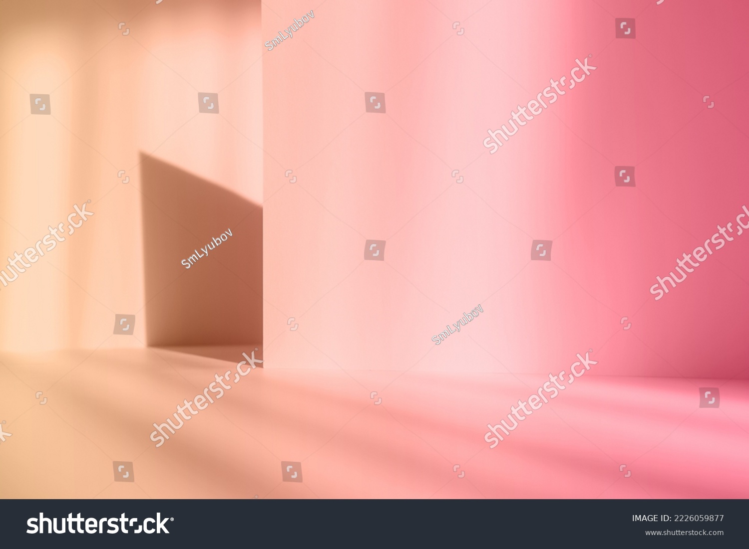 Abstract pink studio background for product presentation. Empty gray room with shadows of window. Display product with blurred backdrop. #2226059877