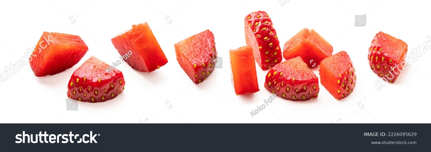 Set of cut strawberry pieces isolated on white background. Chopped strawberry close up. Collection of small pieces of fresh strawberries on white. #2226095629
