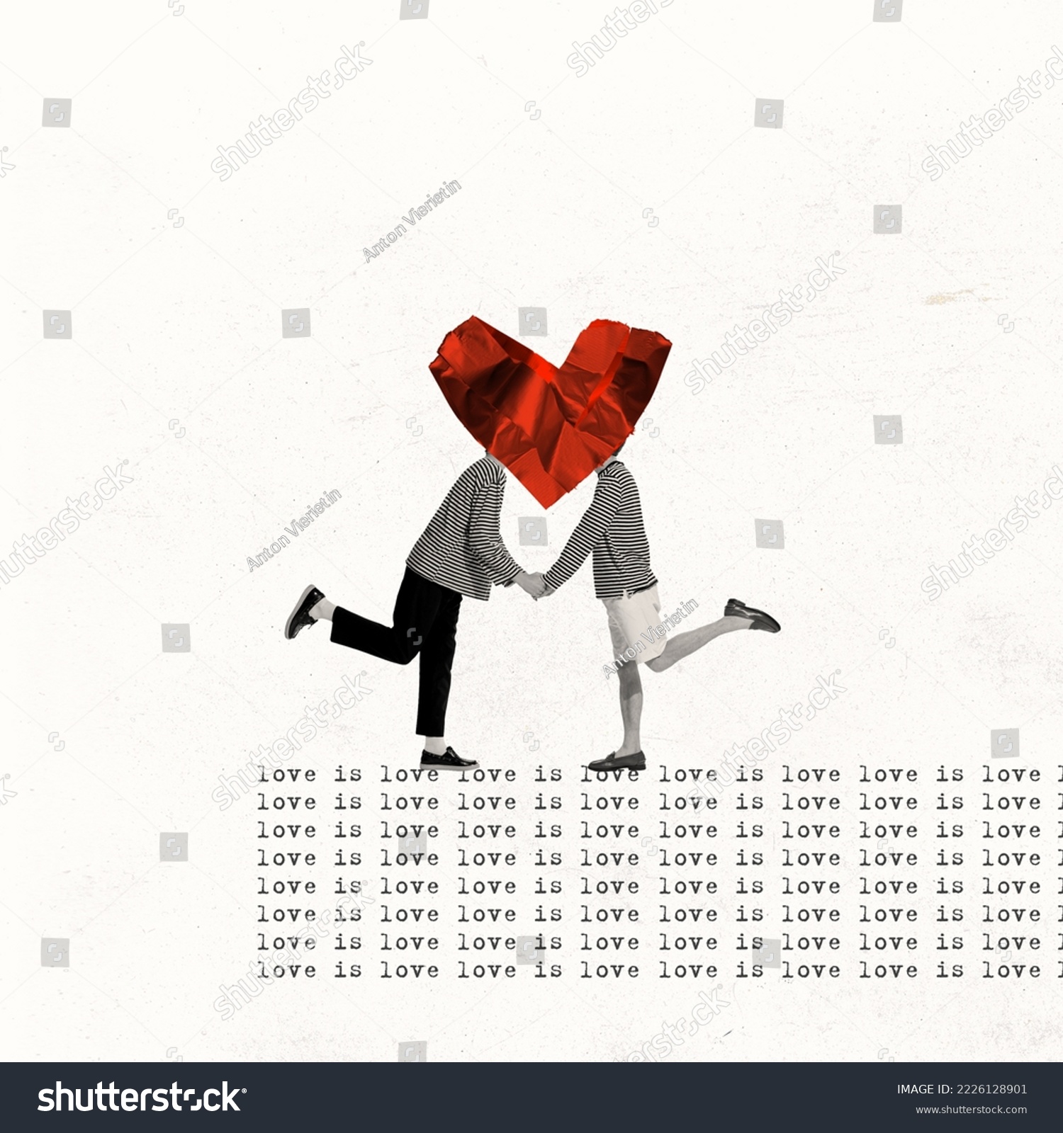 Contemporary art collage. Creative design in retro style. Two men kissing behind heart shape. Equal love. LGBT. Concept of relationship, Valentine's Day, love, freedom, feelings. Copy space for ad #2226128901