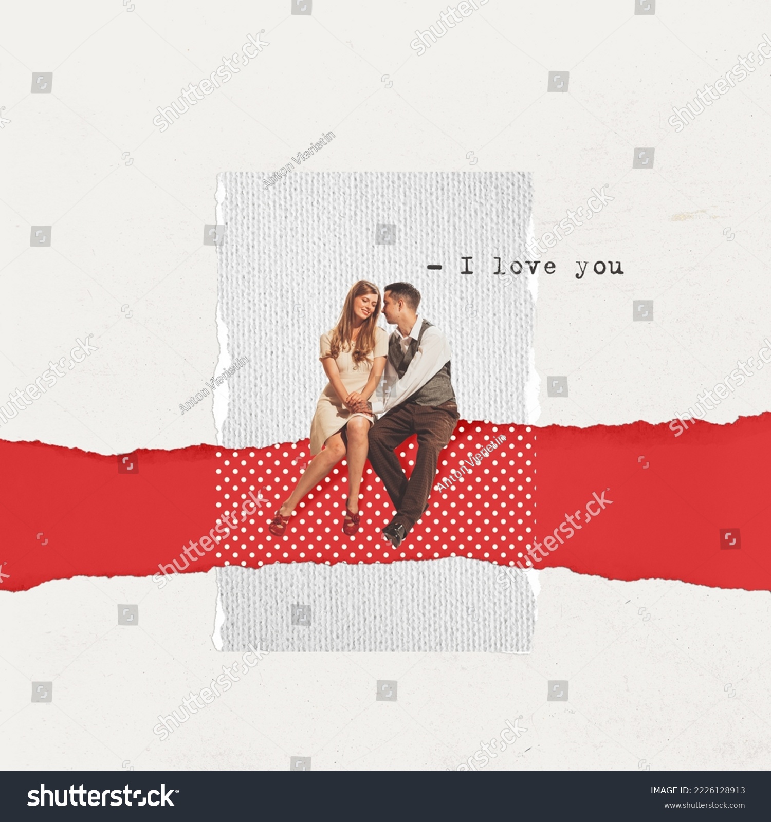 Contemporary art collage. Creative design in retro style. Lovely couple sitting together, man saying I love you. Concept of relationship, Valentine's Day, love, feelings, emotions. Copy space for ad #2226128913