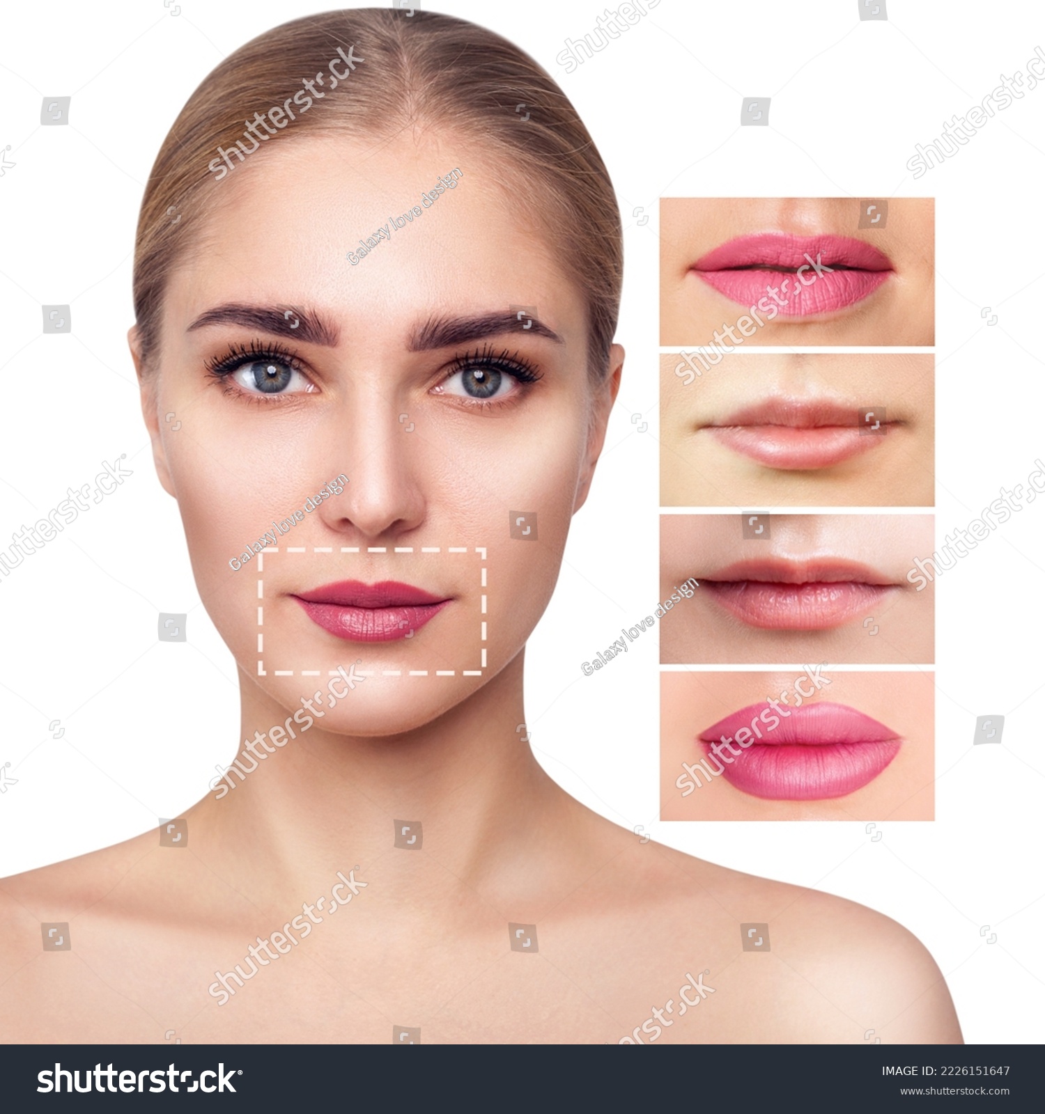 Young woman near set of different female lips. Shape of the lips concept. #2226151647
