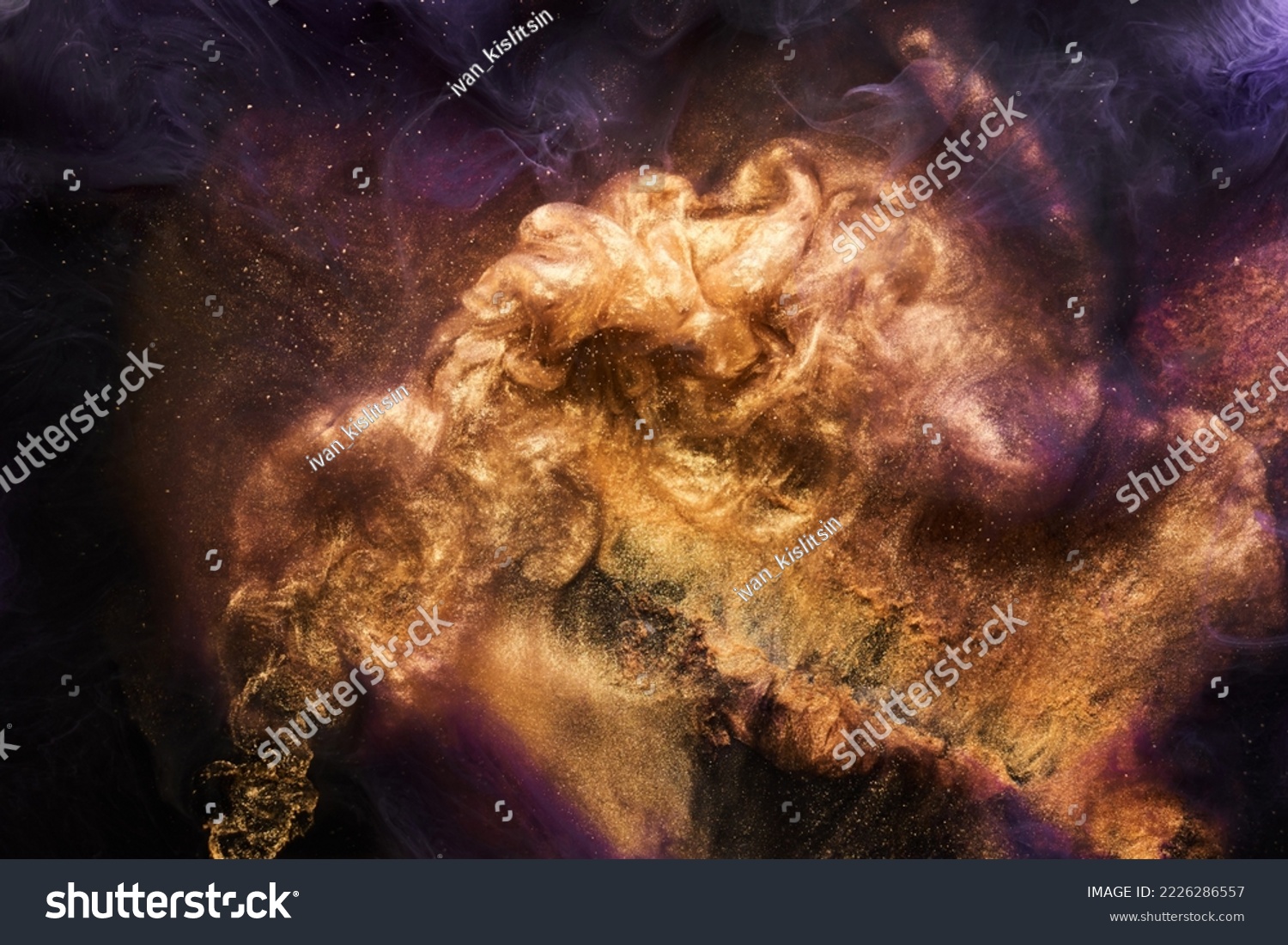 Multi colored sparkling abstract background, luxury dark gold smoke, acrylic paint underwater explosion, cosmic swirling ink #2226286557
