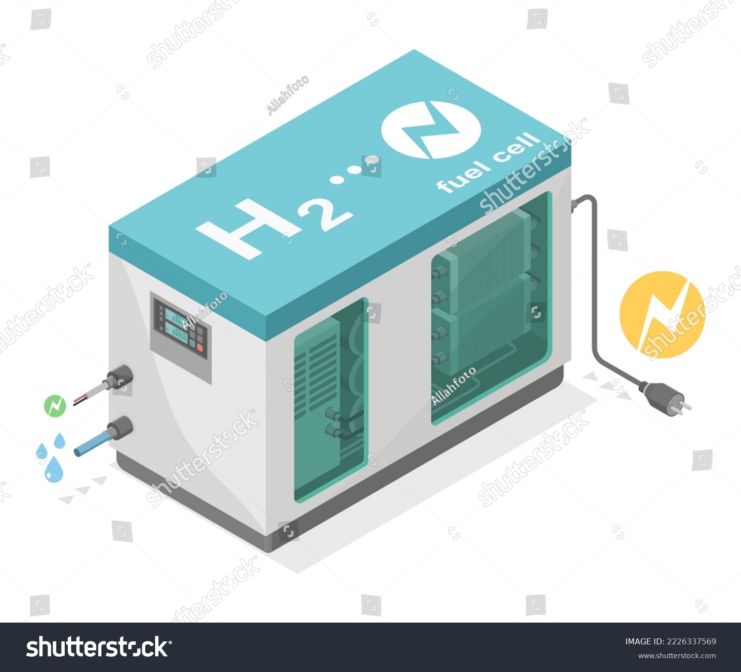 green hydrogen fuel cell h2 
portable energy power plant clean power low emission ecology system diagram isometric infographic vector #2226337569
