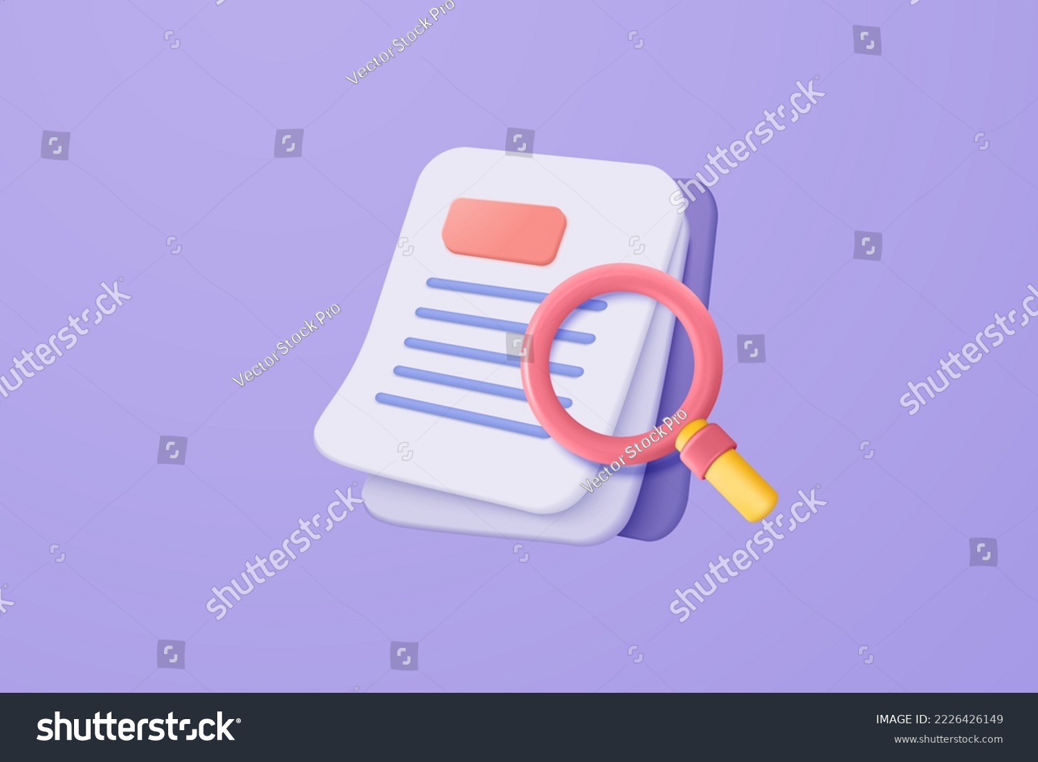 3d media file management icon vector. Searching image and video files in database. 3d Document management soft, document flow, search compound docs. 3d magnifying icon vector rendering illustration #2226426149