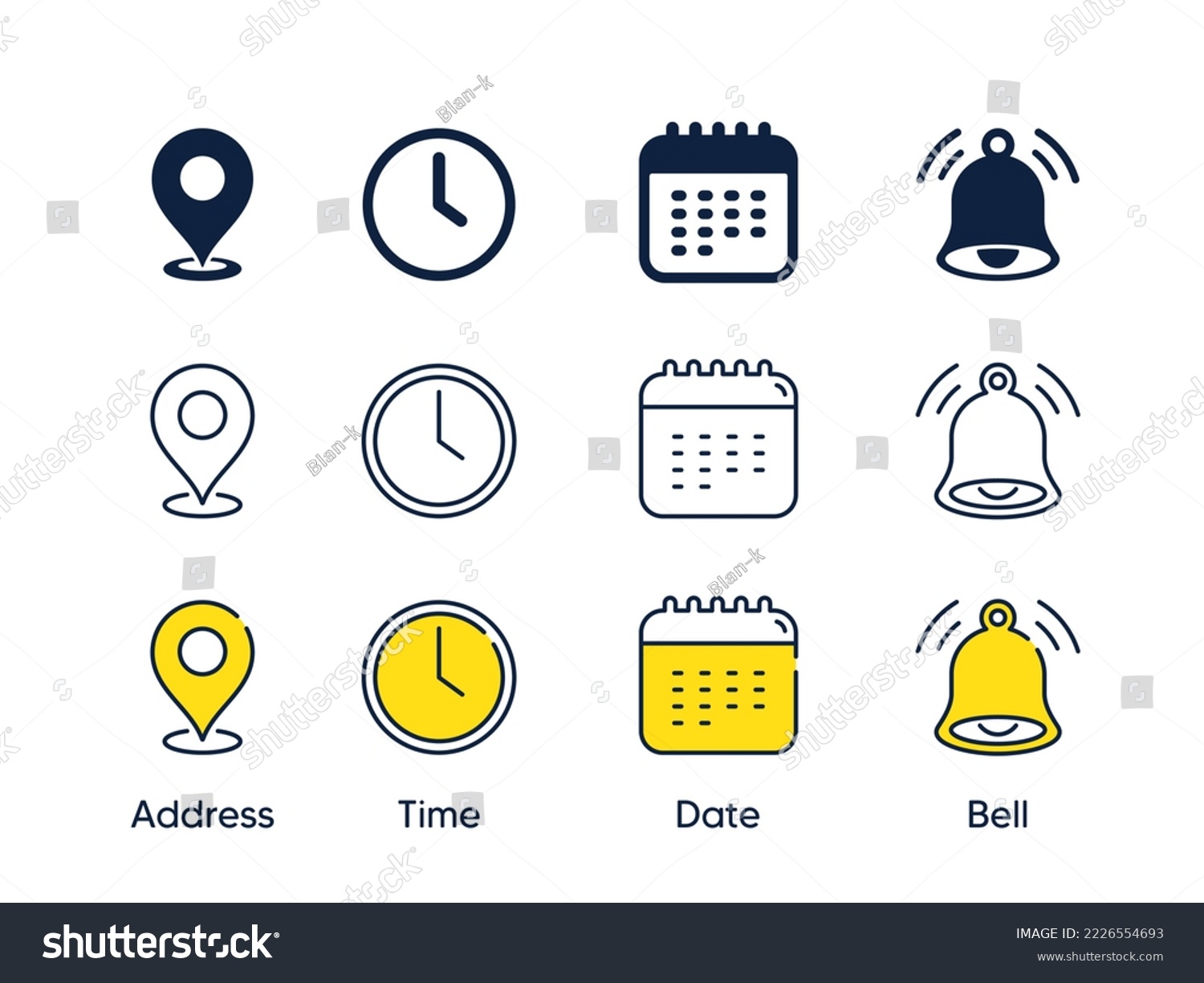 Place, Time, Date and Notification line icons. Calendar, address location pointer and alarm bell. Notice alert, business schedule and office time clock. Location place, date reminder. Vector #2226554693