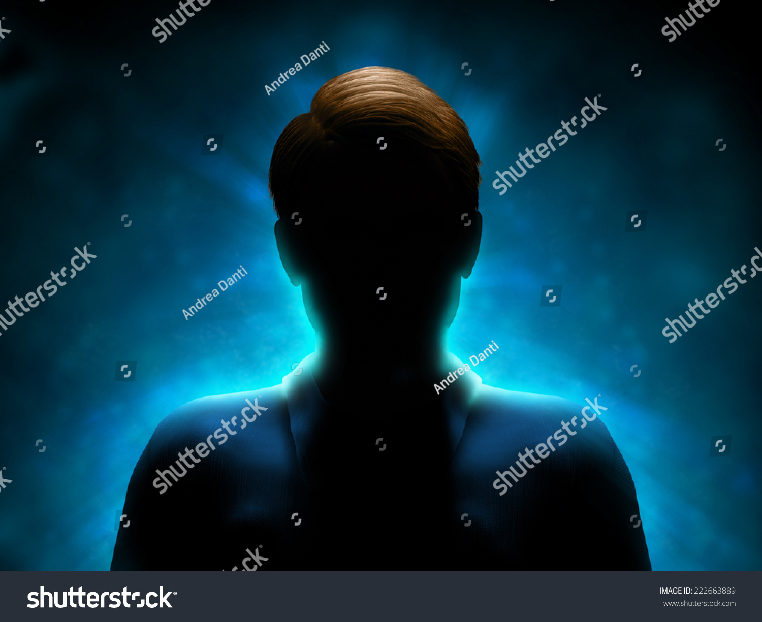 Silhouette of a mysterious figure with a strong blue back-light. Digital illustration. #222663889