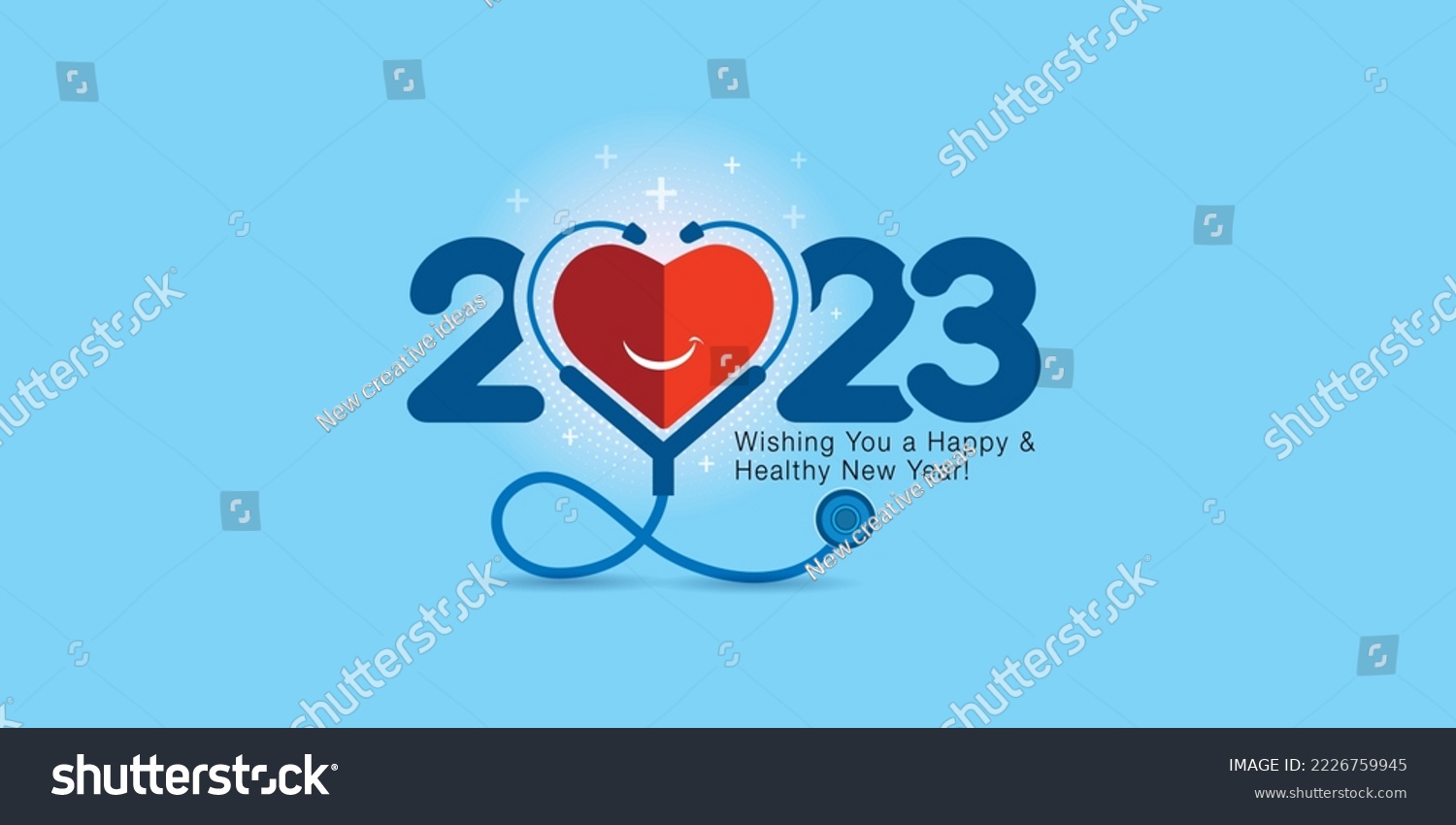 Healthcare clinic concept and creative for 2023 new year. Doctor stethoscope with smiling heart and blue background. #2226759945
