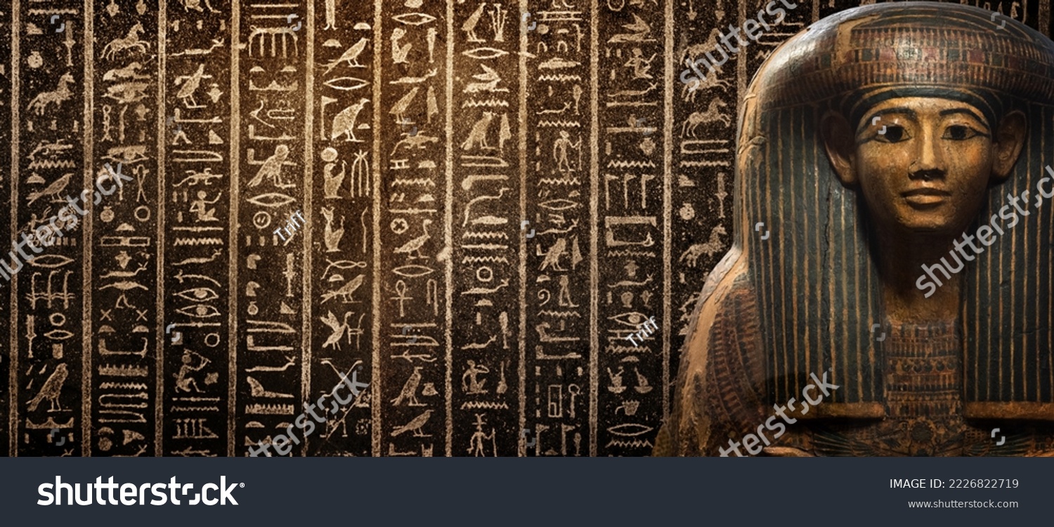 Egyptian mummy in a sarcophagus on background of ancient Egyptian hieroglyphs.  Wide historical and culture background. Ancient Egyptian hieroglyphs as a symbol of the history of the Earth.   #2226822719