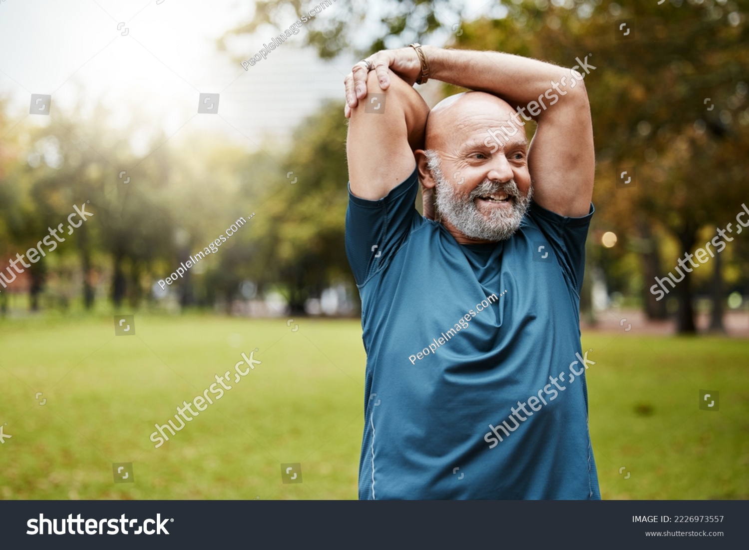 Stretching, fitness and running with old man in park for health, workout or sports with mockup. Warm up, retirement and exercise with senior runner in nature for training, jogger and cardio endurance #2226973557