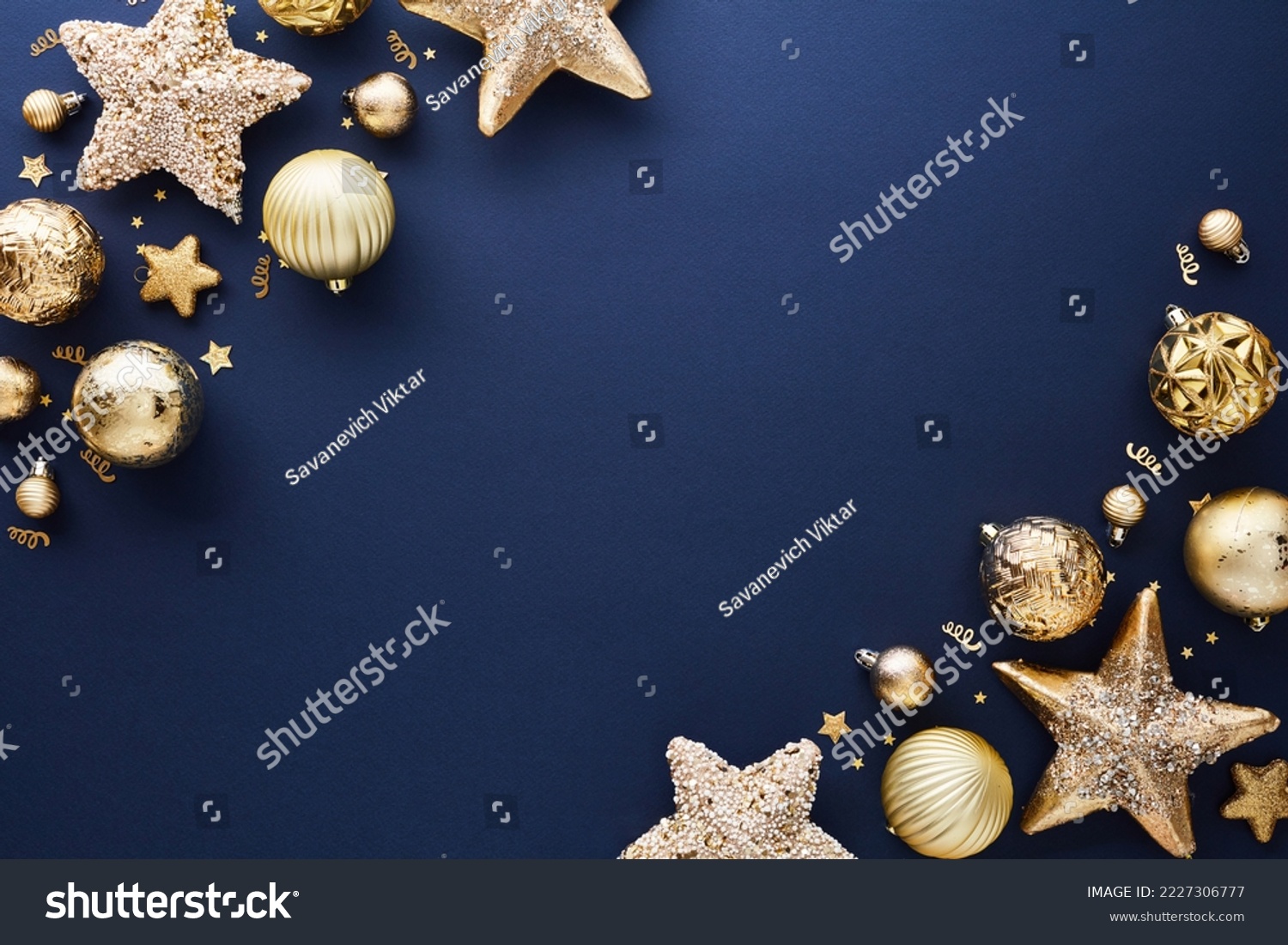 Modern Blue Christmas background with gold stars, balls, confetti. Elegant Christmas greeting card design, Happy New Year banner mockup #2227306777