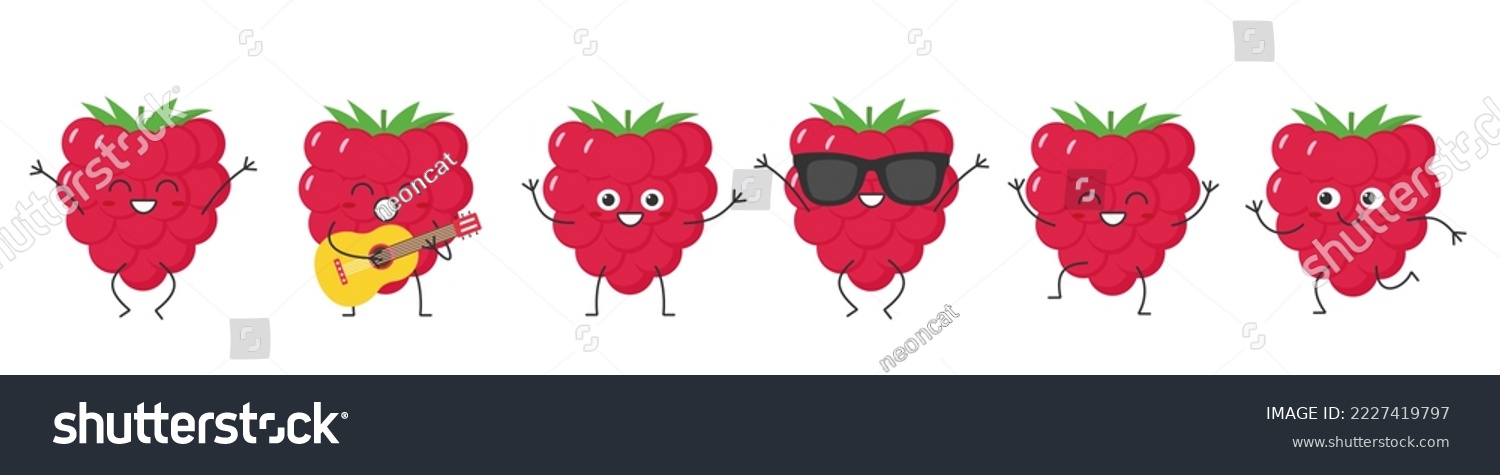 Raspberry set cute character cartoon delicious berry greet jump run sing smile face cheerful kawaii joy happy emotions icon vector illustration. #2227419797