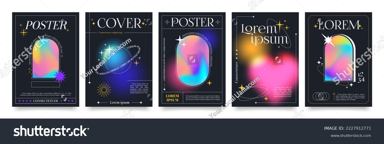 Modern minimalist style posters with holographic forms, linear shapes and sparkles on black background. Trendy print with line arch frames, fluid gradients and stars, vector poster template set #2227912771