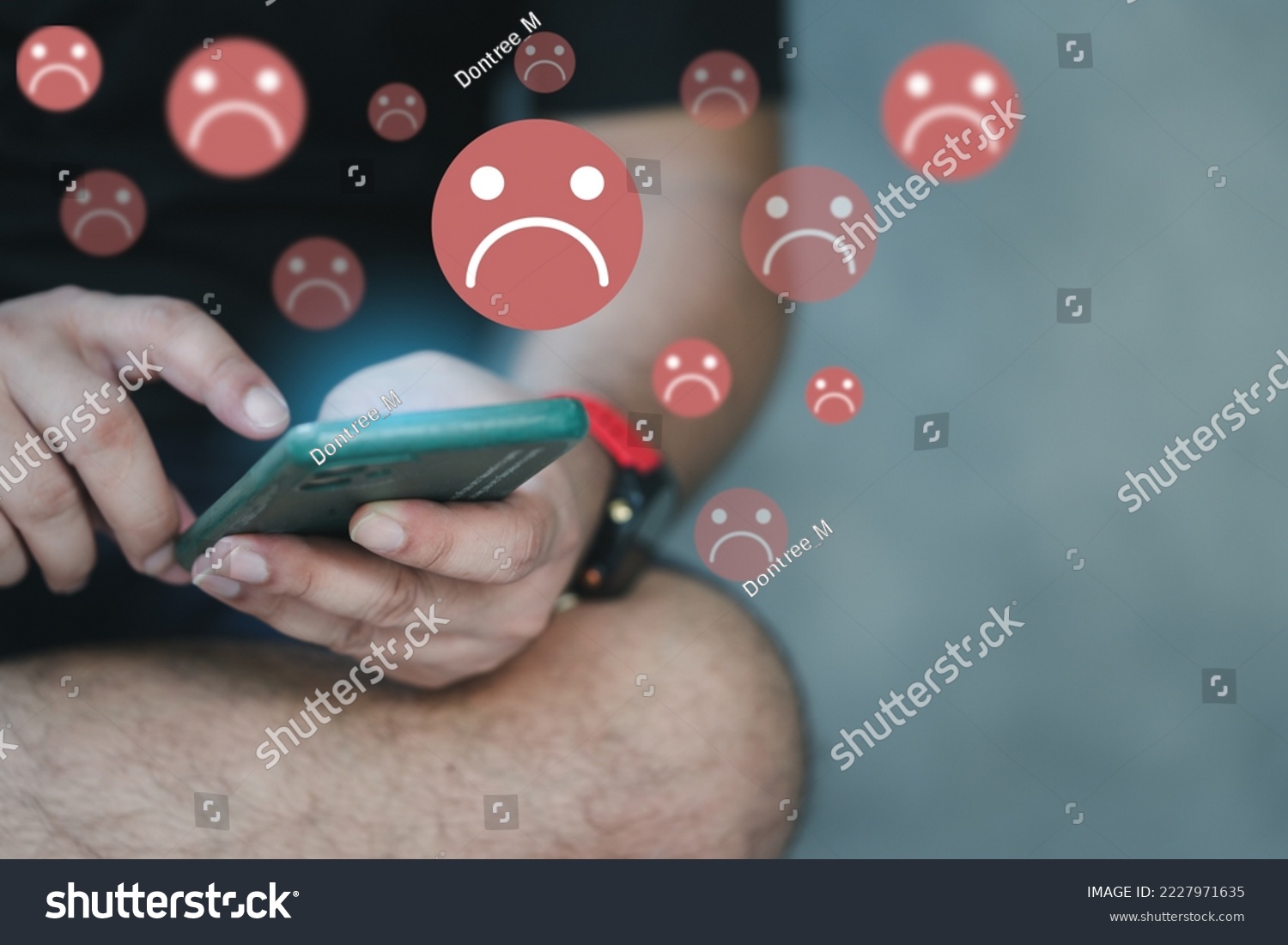 Unhappy and disappointed customers give low ratings and negative feedback in surveys online by mobile phone. Sad and dissatisfied man giving review about service quality. Bad user experience. #2227971635