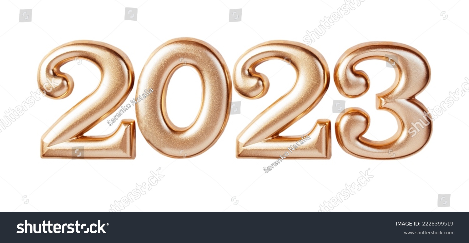 Holiday background Happy New Year 2023. Numbers of year 2023 made by gold candles isolated on white background with clipping path. celebrating New Year holiday, close-up. Space for text #2228399519