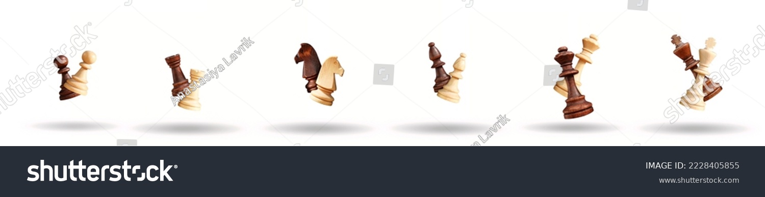 All the chess pieces floating above the table. King, queen, bishop, knight, pawn, rook, isolated on white collage with black and white chess pieces. Advertising of a chess school. High quality photo #2228405855