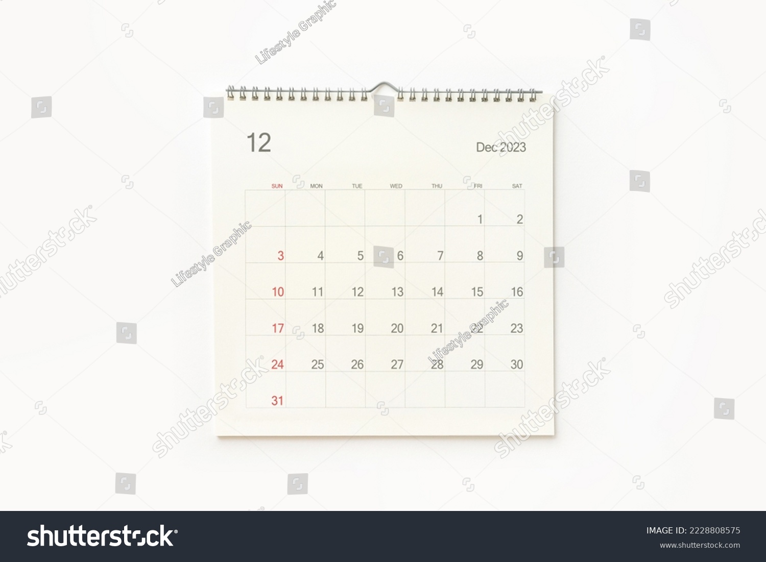 December 2023 calendar page on white background. Calendar background for reminder, business planning, appointment meeting and event. #2228808575