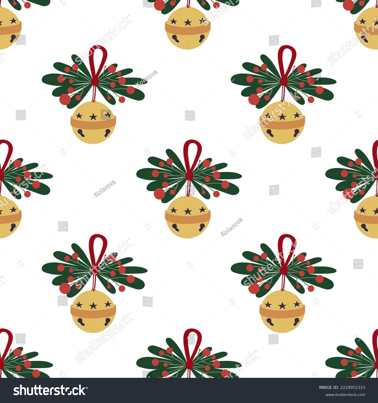 Cute Christmas composition with golden sleigh bells, holly, leaves and red berries. Winter festival seamless pattern. Christmastime mood. #2228952315