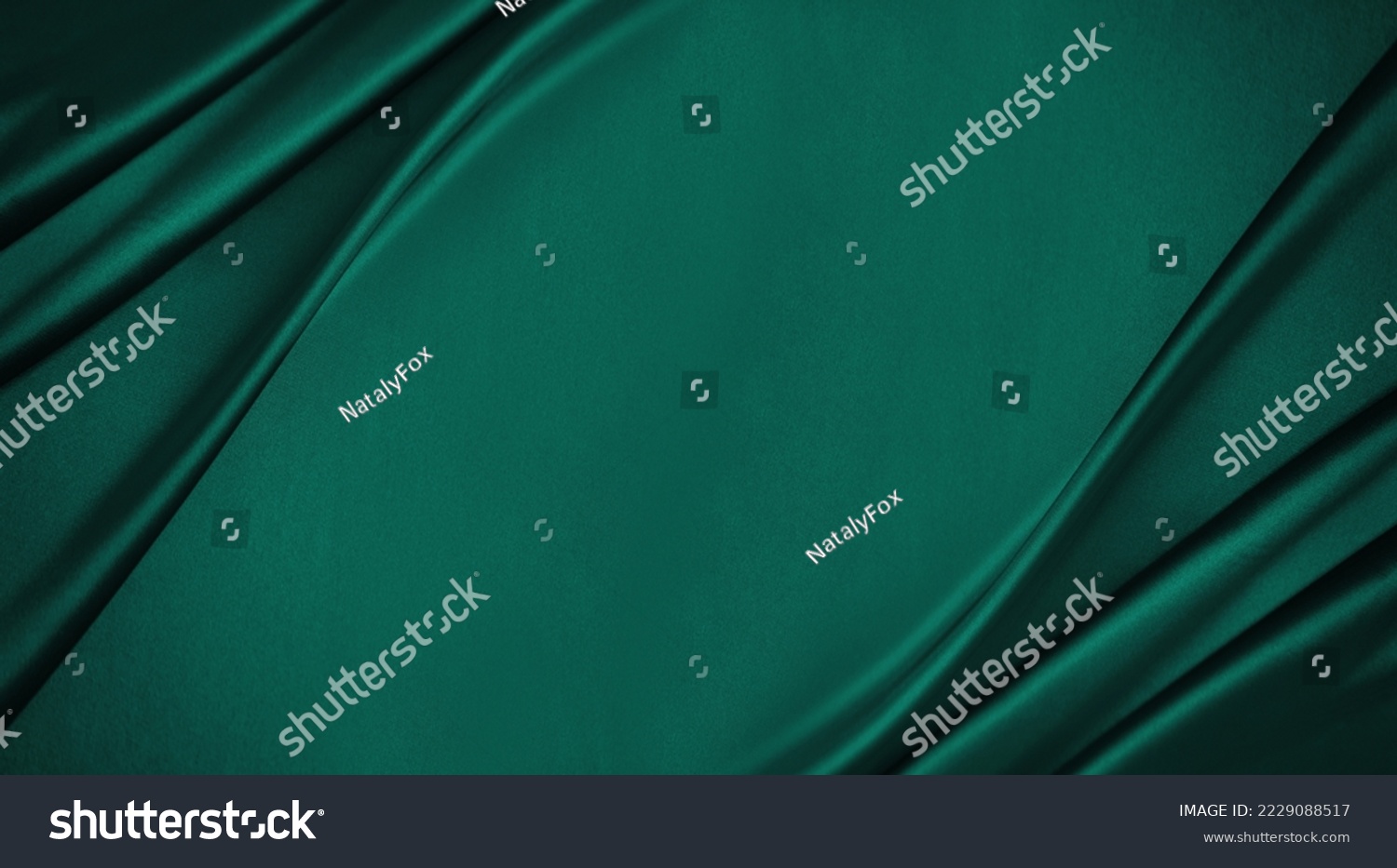Dark teal green silk satin. Shiny smooth fabric. Soft folds. Luxury background with space for design. web banner. Flat lay, top view table. Birthday, Christmas, Valentine, New year. #2229088517