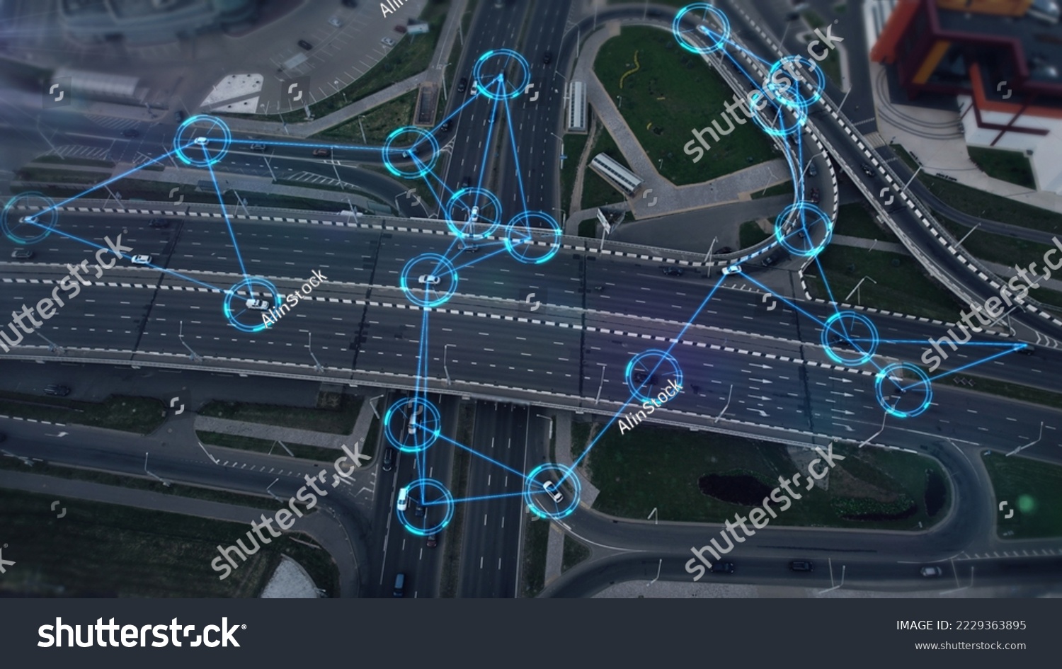 Concept of smart cars and transportation of the future. Automated robotic system remotely controls self-driving cars in the city. Artificial Intelligence Digitalizes and Analyzes Roads. Aerial view. #2229363895