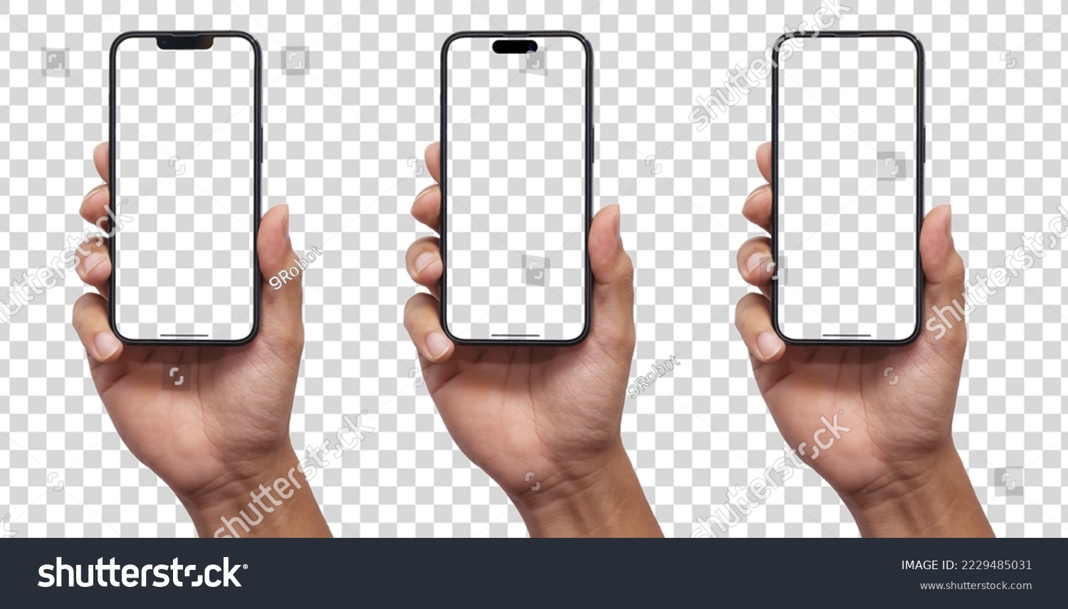 Hand holding smart phone Mockup  and screen Transparent and Clipping Path isolated for Infographic Business web site design app #2229485031