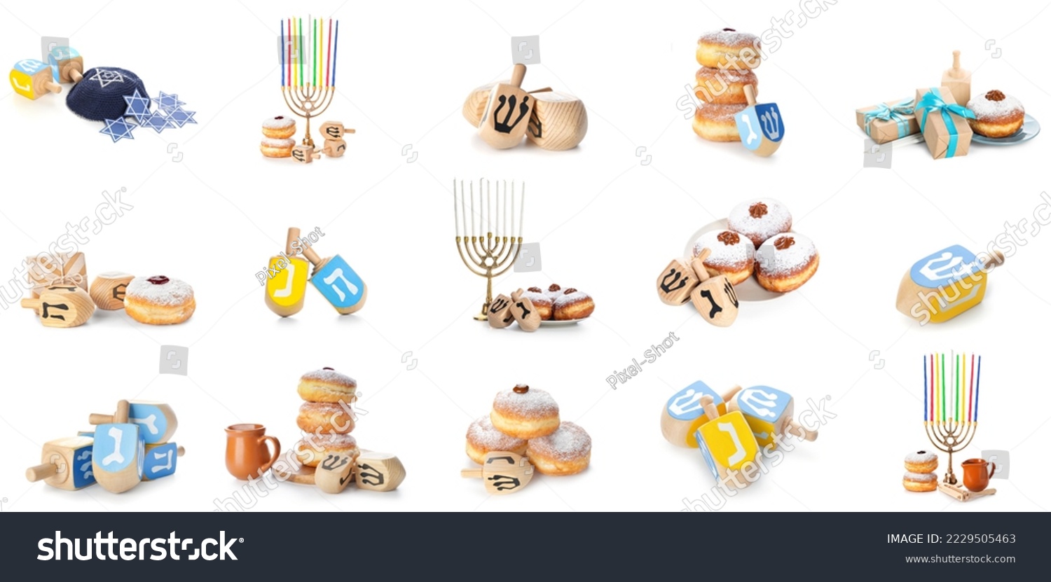 Set of menorahs with donuts and dreidels for Hanukkah isolated on white #2229505463