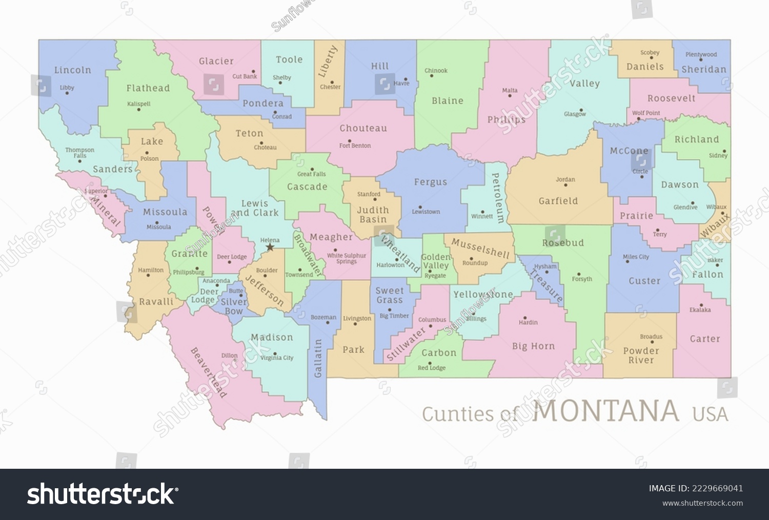 Counties of Montana, administrative map of USA - Royalty Free Stock