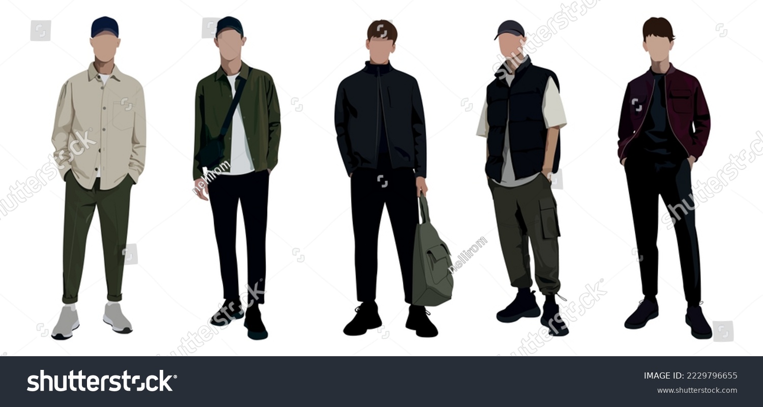 Group fashion men in modern trendy outfits. Young people wearing stylish casual summer clothes. Colored flat graphic vector illustration of fashionable man isolated on white background #2229796655