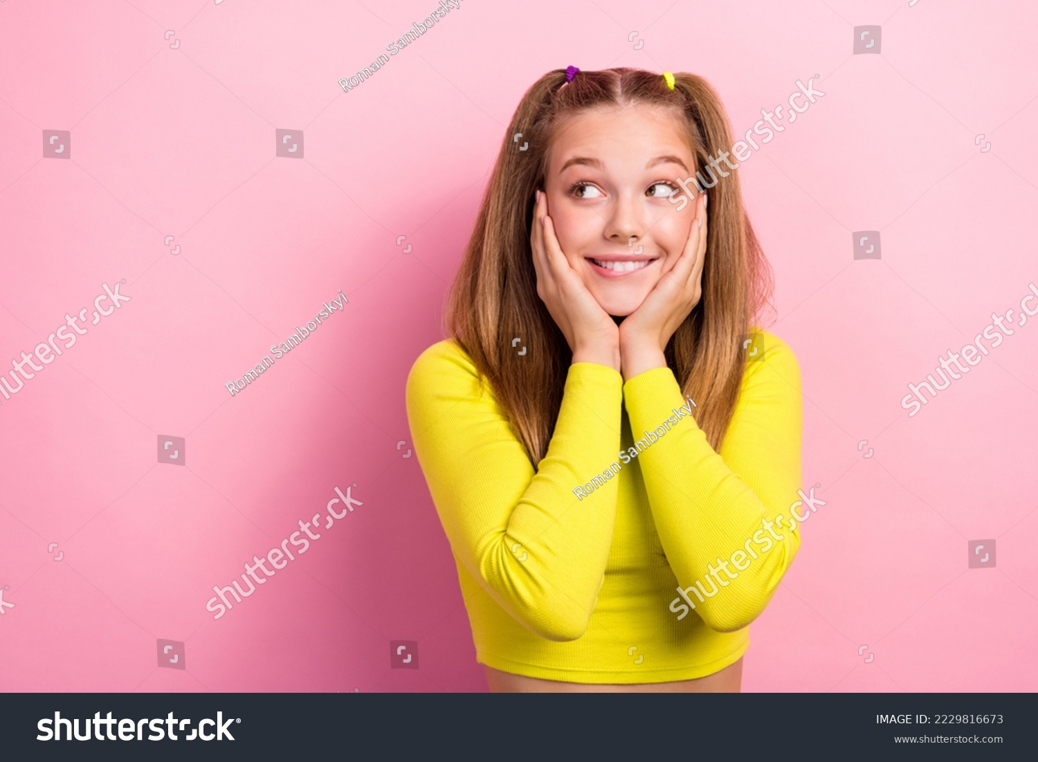 Photo of pretty lovely tricky dreamy girlfriend lady arm touch face look empty space novelty offer isolated on pink color background #2229816673