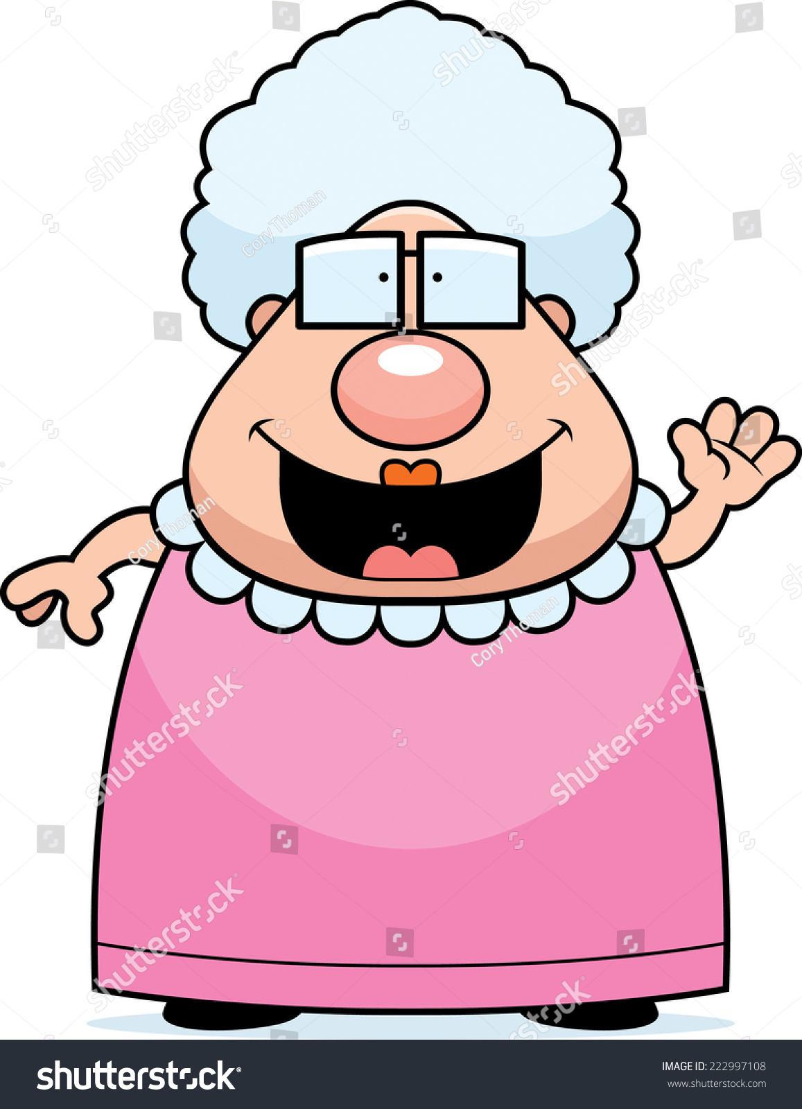 A cartoon illustration of a grandma waving and smiling. #222997108