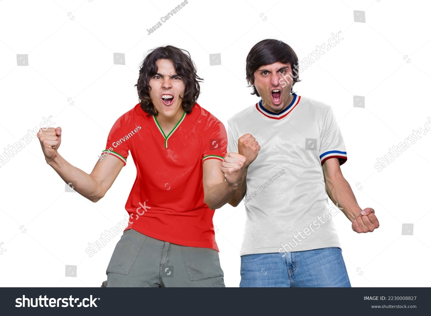 Two Soccer fans man with jersey and face painted with the flag of the IR IRAN and USA teams screaming with emotion on white background. #2230008827
