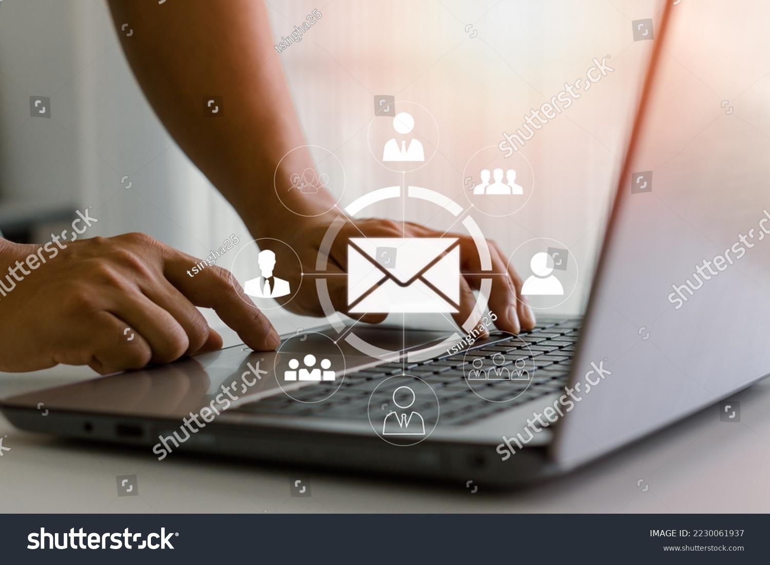 Businessman sending email by laptop. Online people network. Using the internet for communication. Email marketing, data center and internet advertising concept. send e-mail or newsletter to customers. #2230061937