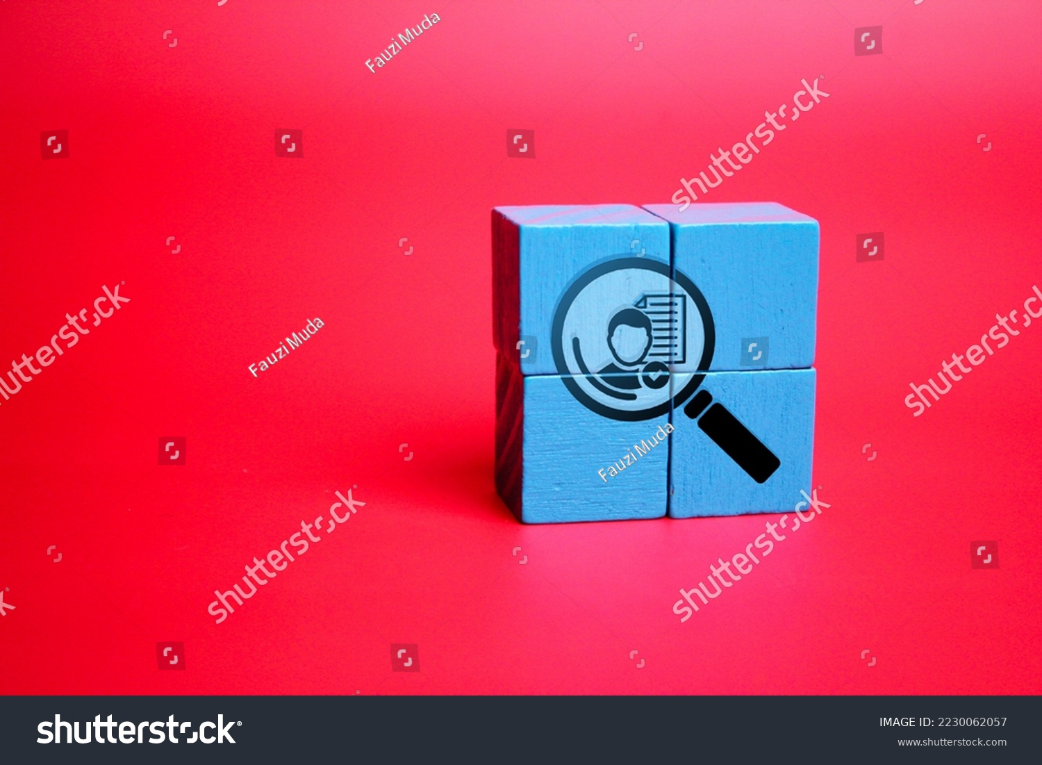 colored wooden cube with magnifying glass icon and man inside for buyer persona, customer target concept. Profile or psychological characteristics of the buyer or customer #2230062057