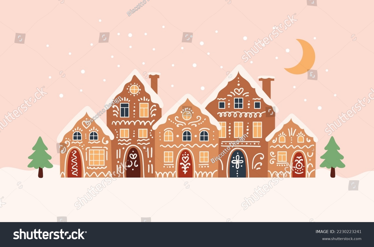 Gingerbread houses christmas scene. Cute vector illustration in flat cartoon style #2230223241