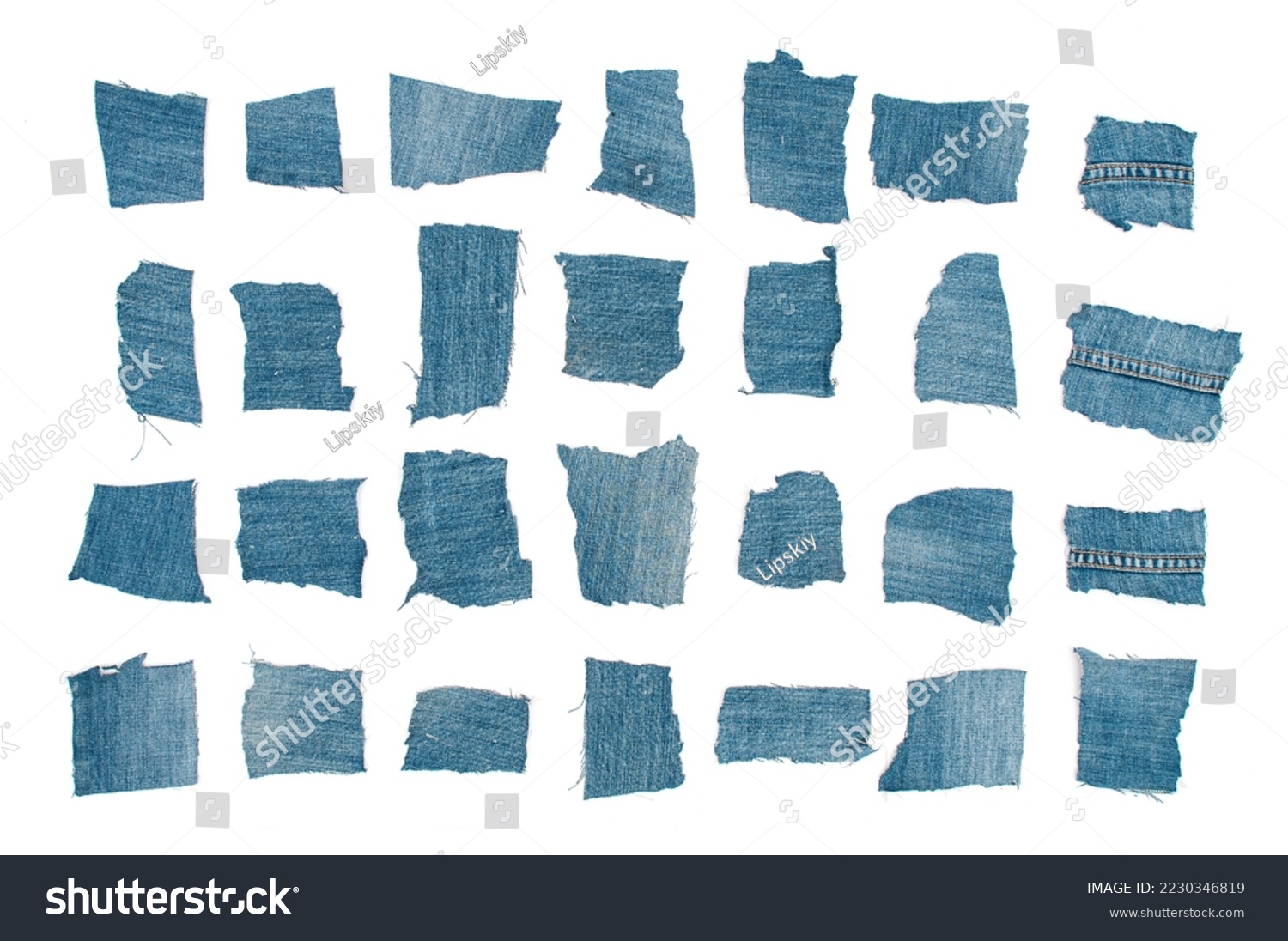 Rows of  grunge denim patches on white background #2230346819