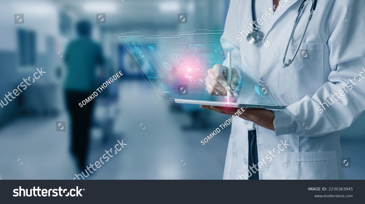 Digital health care innovative virtual science and medicine technology concept, Doctor working with human anatomy virtual interface icons.   #2230363945