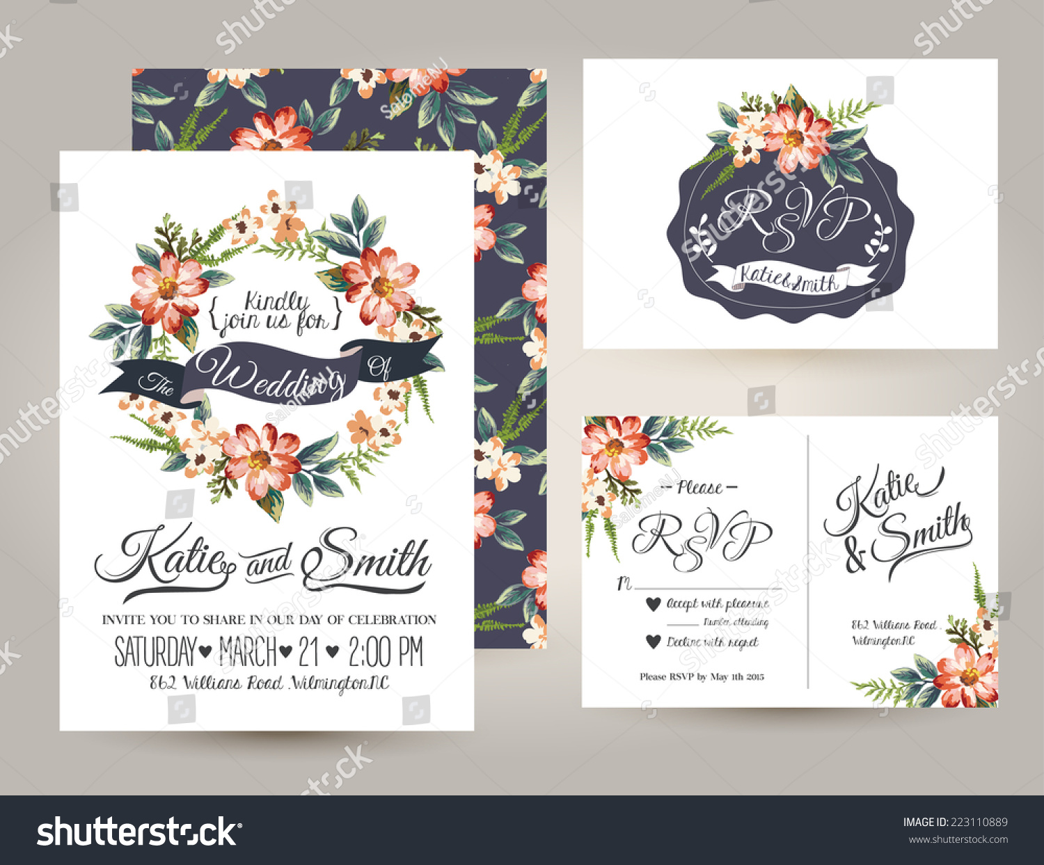 wedding invitation card suite with daisy flower Templates #223110889