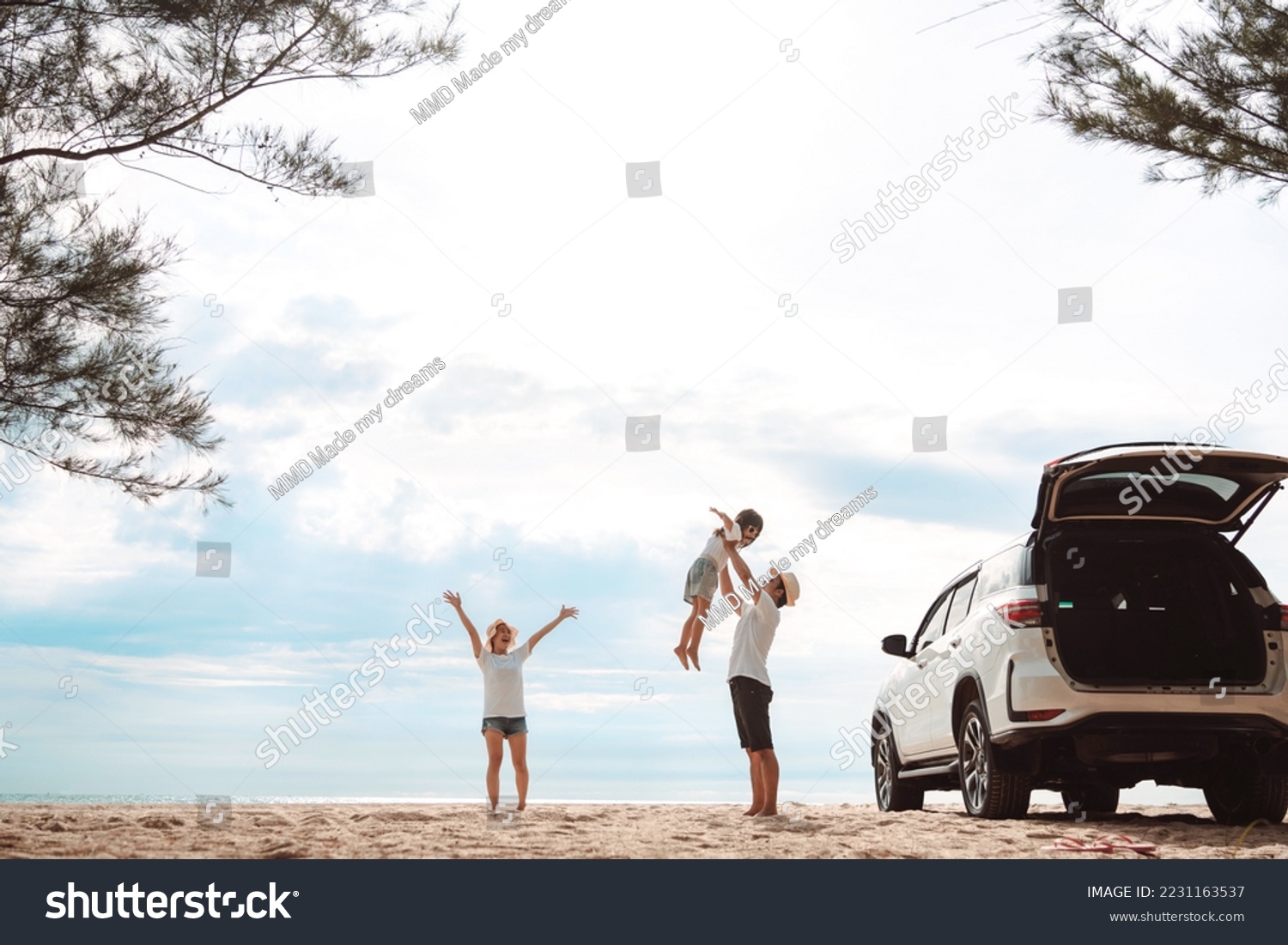 Happy Family with car travel road trip. summer vacation in car in the sunset, Dad, mom and daughter happy traveling enjoy together driving in holidays, people lifestyle ride by automobile. #2231163537