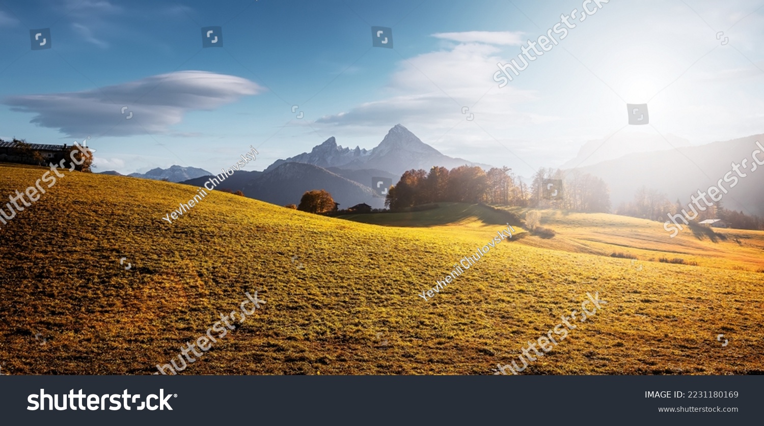 Wonderful nature landscape. Incredible autumn scenery. View on Alpine highlands with Watzmann mount, grasse hils and perfect sky. Famous National Park Berchtesgadener Land, Bavaria, Germany #2231180169