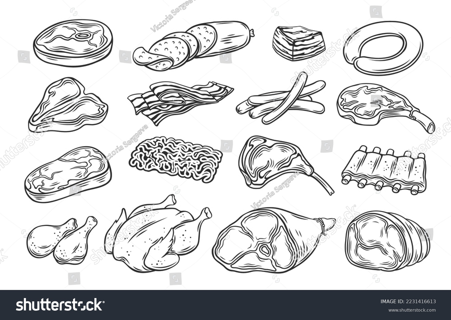 Meat products outline icons set vector illustration. Line hand drawn meat butchers menu collection with ham and smoked sausages, raw beef and pork steak, whole turkey and chicken for cooking #2231416613