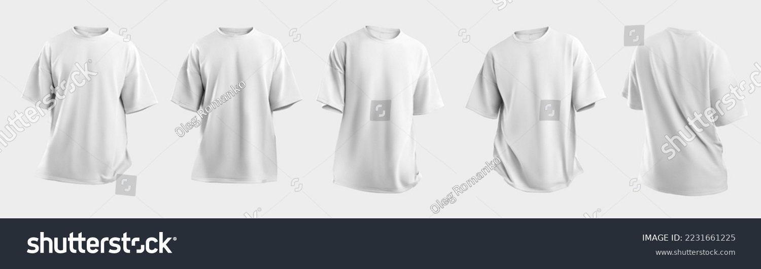 Set Mockup of a white oversized t-shirt 3D rendering, with a round neck, universal clothing for women, men, isolated on background. Template of fashion clothes for branding, place for design #2231661225