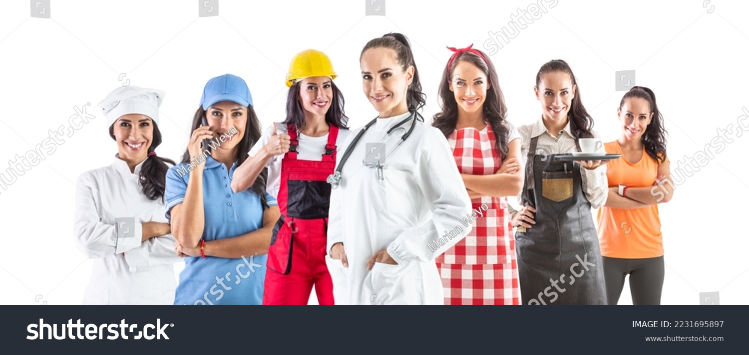 One beautiful woman in several occupations, doctor, worker, cook, waiter, trainer, cleaner and courier on white isolated background. The concept of job positions and employment. #2231695897
