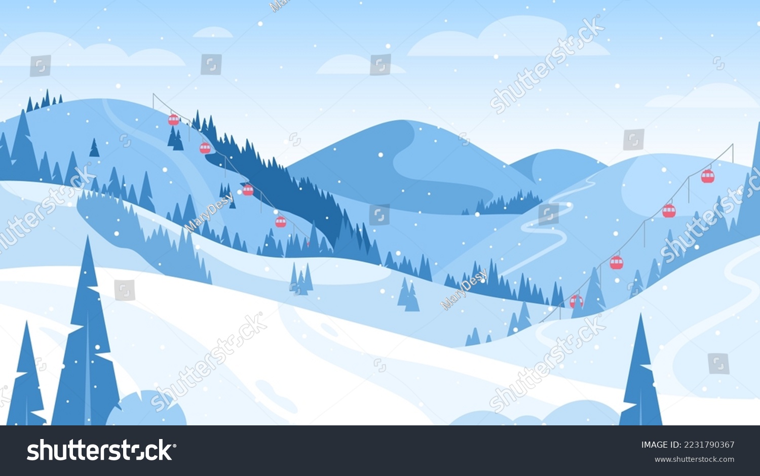 Winter mountain landscape. Vector illustration of ski resort with snowy hill, slope, funicular, ski lift. Outdoor holiday activity in Alps. Winter sport. Skiing and snowboarding. Active weekend #2231790367