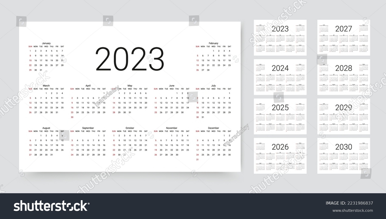 Calendar for 2023, 2024, 2025, 2026, 2027, 2028, - Royalty Free Stock ...