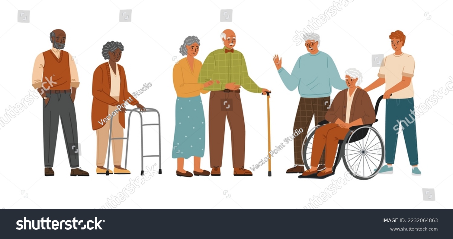 Senior people characters vector set isolated on white background. Old woman on wheelchair, aged man with walking stick. Social care service for elderly people #2232064863