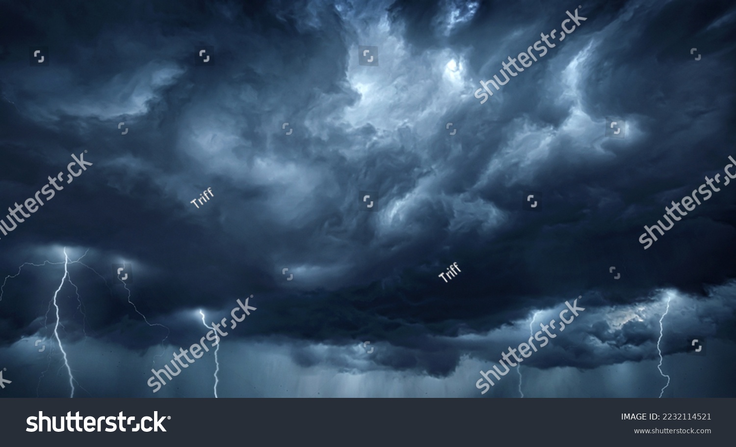 Thunderous dark sky with black clouds and flashing lightning. Panoramic view. Concept on the theme of weather, natural disasters, storms, typhoons, tornadoes, thunderstorms, lightning, lightning. #2232114521